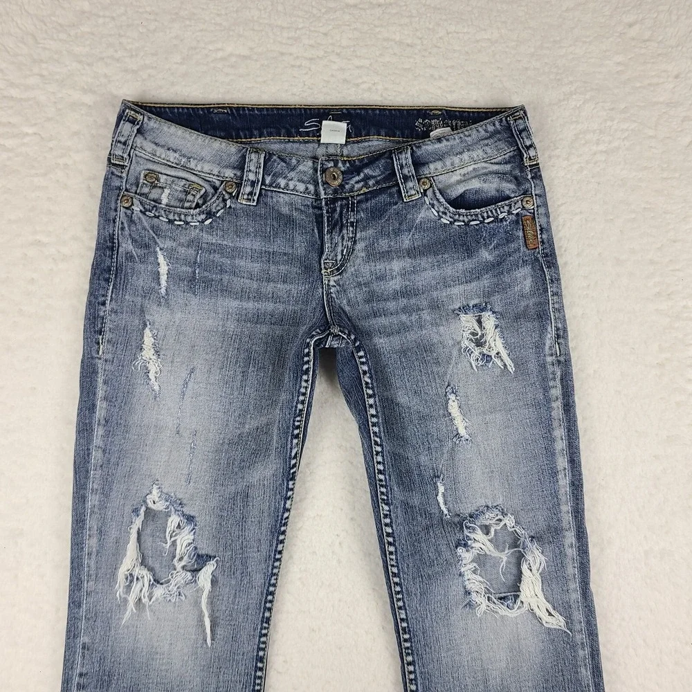 Silver Jeans Womens 30‎ Blue Santorini Capri Distress Light Wash Denim